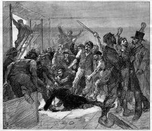 Decazevillen (Aveyron) kaivostyöntekijät lakkoivat vuonna 1886: Grevistit murhasivat insinööri Watrinin. Kaiverrus kirjassa "" Le Monde Illustré", 6. helmikuuta 1886. tekijältä French School