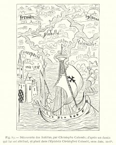 Länsi-Intian löytö, kirjoittanut Christopher Columbus; hänelle kuuluvan piirustuksen jälkeen ja sijoitettu Epistola Christofori Columbiin, päivätty, in-8o (kaiverrus) tekijältä French School