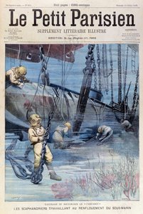 Syvänmeren sukeltajat yrittävät nostaa Farfadetia, Le Petit Parisienista, 23. heinäkuuta 1905