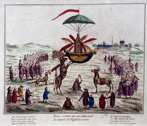 Satiirilla lentävä laiva lähtee Jean-Pierre Blanchardin (1753-1809) kuvittelemalla lentävällä koneella: aasit, apinat ja sokeat katsovat outoa konetta, joka on varustettu kuudella siivellä ja peräsimellä. Kaiverrus 1700-luvun lopulta. Pariisi, Musee Carn tekijältä French School