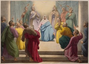 Pyhän Hengen laskeutuminen, kuvitus katekisuksesta LHistoire Sainte, julkaisija Charles Delagrave, Pariisi, 1800-luvun loppu tekijältä French School