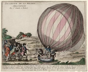 Srs:n aerostaattisen koneen laskeutuminen Charles ja Robert, pubi. 1783 (käsinvärinen kaiverrus) tekijältä French School