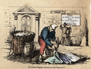 Kuvaus eri tuotteista ja paperin käyttötavoista: vanha paperi poimitaan uudelleen rievuksi. Levy "" Le papier et ses produits"" in "" les Recreations instructives"" Jules Delbruckin synoptique-maalaus, kaiverrus vuodelta 1860. Yksityinen kokoelma. tekijältä French School