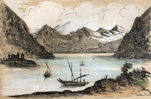 Kuvaus erityyppisistä maisemista ja reliefeistä maantieteen mukaan: Genevejärveä kuvaava yksityiskohta. Levy "" Physical Geography"" julkaisussa "" les Recreations instructives"" Jules DELBRUCKin synoptinen maalaus, kaiverrus vuodelta 1860. Yksityiset koko tekijältä French School