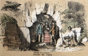 Kuvaus erityyppisistä maisemista ja reliefeistä maantieteellisestä sijainnista riippuen: yksityiskohta vierailijoista koiraluolassa. Levy "" Physical Geography"" in "" les Recreations instructives"" Jules DELBRUCKin synoptinen maalaus, kaiverrus 18. tekijältä French School