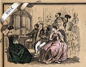 Kuvaus viidestä aistista: kuulon yksityiskohta, musiikkikonsertti sosiaalisen illan aikana. Levy "" Les cinq sens"" in "" les Recreations instructives"" Jules Delbruckin synoptinen maalaus, kaiverrus vuodelta 1860. Yksityinen kokoelma. tekijältä French School