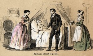 Kuvaus viidestä aistista: kosketus, lääkäri taputtelee sairaan tytön pulssia. Levy "" Les cinq sens"" in "" les Recreations instructives"" Jules Delbruckin synoptinen maalaus, kaiverrus vuodelta 1860. Yksityinen kokoelma. tekijältä French School