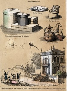 Kuvaus eri tuotteista ja paperin käyttötavoista: pahvi- ja hattulaatikot, pelikortit, pelit, kuten leijat tai ilmapallot. Levy "" Le papier et ses produits"" in "" les Recreations instructives"" Synoptique maalaus Jules Delbruck, kaiverrus alkaen tekijältä French School