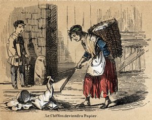 Kuvaus paperin eri tuotteista ja käyttötavoista: kokoelma vanhoja riepuja, joista paperi on peräisin. Levy "" Le papier et ses produits"" in "" les Recreations instructives"" Jules Delbruckin synoptique-maalaus, kaiverrus vuodelta 1860. Yksityinen tekijältä French School