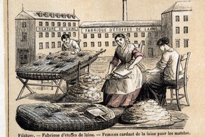 Kuvaus lampaiden eri käyttötarkoituksista ja tuotteista: työntekijät karstaavat villaa patjoihin tehtaan pihalla. Levy "" Les moutons"" in "" les Recreations instructives"" Jules DELBRUCKin synoptinen maalaus, kaiverrus vuodelta 1860. Yksityinen kokoelma. tekijältä French School