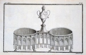 Suunnitteli Pugin, Duhamelin kokoamasta uusklassisen metallityön mallikirjasta, n. 1770-80-luvut tekijältä French School