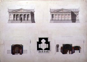 Kreikkalaisen herännäistyylisen mausoleumin suunnitelma, 1835 (tussi ja tussi, vesiväri paperille). tekijältä French School
