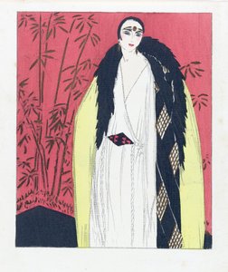 Suunnittelu iltapukuun, jossa on turkisviitta, pubi. 1924 pochoir print. tekijältä French School