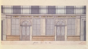 Suunnittelu Cafe Procopen julkisivulle, 1800-luvun alku (kynä & muste ja wc paperilla) tekijältä French School
