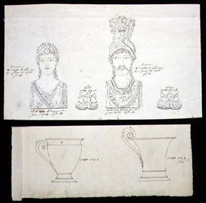 Mallit kullatuille pronssisille ormolu-huonekalutelineille ja French Empire -posliinikupeille, n. 1820 (kynä ja muste paperille) tekijältä French School