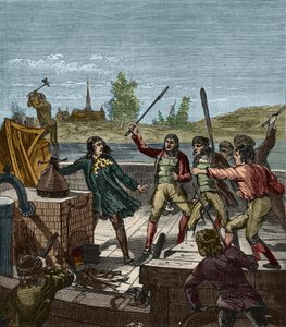 Papinin höyrylaivan tuhoutuminen - Denis Papin (1647-1712) katsomassa, kuinka siipilasi Höyrylaivansa tuhosivat Muendenin venemiehet vuonna 1707 - Les Bateliers de Munden murskaa höyrylaivan Denis Papinin (1647-1712) - Kaiverrus ulottuvilla. kaikista - tekijältä French School