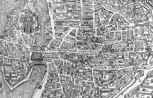 Yksityiskohta Pariisin kartasta Henri II:n hallituskaudella, jossa näkyy quartier des Ecoles, 1552