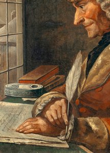Yksityiskohta ”” Francois Marie Arouet Voltairen (1694-1778) muotokuva hänen työkaapissaan”” 1700-luvun maalaus. Himmeä. 0,43 x 0,35 m Pariisi, Carnavalet-museo - Francois Marie Arouet Voltairen (1694-1778) muotokuva työhuoneessa. 18. keskuksen maalaus tekijältä French School