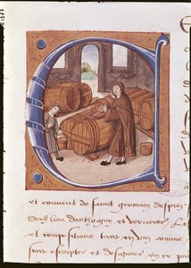 Yksityiskohta historiallisesta nimikirjaimesta, jossa on kuva viininpitäjästä työssä, "Saint-Germain-des-Presin luostarista" (vellum) tekijältä French School