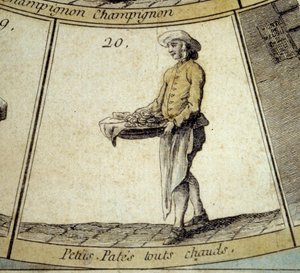 Yksityiskohta Cree of Paris -hanhipelistä: kuuman pastan kauppias. Kaiverrus 1700-luvulta. Coll. Lähde. tekijältä French School