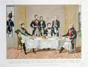 Illallinen Tilsitissä Preussin Fredrik Vilhelm III:n, Venäjän tsaari Aleksanteri I:n ja Preussin kuningattarelle maljan nostavan Napoleonin välillä 3.6.1807 tekijältä French School