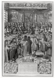 Ludvig XIV:n (1638-1715) illallinen Hotel de villessä, 30. tammikuuta 1687, vuoden 1688 kalenterista tekijältä French School