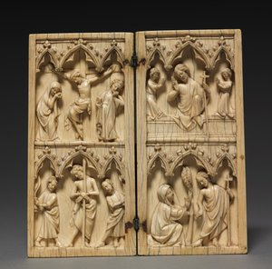 Diptyykki: Kohtauksia Kristuksen kärsimyksestä ja kuolemanjälkeisestä elämästä, n. 1330-1350 tekijältä French School