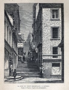 Tutustu Kanadaan: Rue du Peute Champlain (Petity-Champlain) Quebecissä. Taylorin piirustus valokuvasta. Kaiverrus 1800-luvun lopusta Eugene Gueninin teokseen "La nouvelle France". tekijältä French School