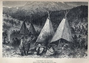 Löysi Kanadan: Amerikan intiaanileiri t-piipillä. Rioun piirustus Dixonin luonnoksesta. Kaiverrus 1800-luvun lopusta Eugene Gueninin teokseen "La nouvelle France". tekijältä French School