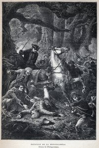 Löytyi Kanada: Monongahelan taistelu vuonna 1755 seitsemänvuotisen sodan aikana. Piirustus Philippoteaux. Kaiverrus 1800-luvun lopusta Eugene Gueninin teokseen "La nouvelle France". tekijältä French School