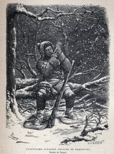 Löysi Kanadan: Kanadan armeijan vapaaehtoiset lumikengät. Piirustus Dupuy. Kaiverrus 1800-luvun lopusta Eugene Gueninin teokseen "La nouvelle France". tekijältä French School