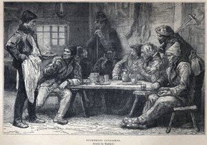 Löysi Kanadan: Kanadalaiset metsurit. Maillardin piirustus. Kaiverrus 1800-luvun lopusta Eugene Gueninin teokseen "La nouvelle France". tekijältä French School