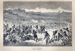 Löysi Kanadan: Urheilu. Amerikan intiaanien lacrosse-peli. Piirustus Gustave Dore. Kaiverrus 1800-luvun lopusta Eugene Gueninin teokseen "La nouvelle France". tekijältä French School