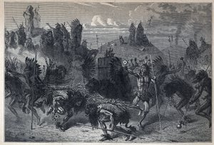 Löysi Kanadan: biisonin tanssi Mondanesissa. Kaiverrus 1800-luvun lopusta Eugene Gueninin teokseen "La nouvelle France". tekijältä French School