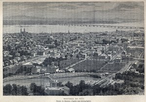 Löysi Kanadan: näkymä Montrealin kaupungista vuonna 1875. Benoistin piirustus valokuvan jälkeen. Kaiverrus 1800-luvun lopusta Eugene Gueninin teokseen "La nouvelle France". tekijältä French School