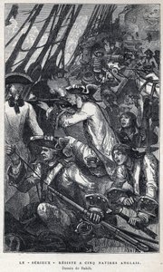 Löydettiin Kanadasta: Jacques Pierre de Taffanel de la Jonquiere (1685-1752) ranskalaisen laivaston upseeri ranskalaisen "" Le serieux" -aluksen johdossa vastusti viittä englantilaista alusta. Piirustus Sahib. Kaiverrus 1800-luvun lopulta kirjassa "La nouv tekijältä French School