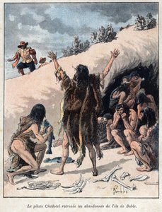 Löydetty Kanadasta: lentäjä Alexis Chedotel löytää Marquis de la Rochena tunnetun Troilus du Mesgouezin hylkäämän miehistön hiekkasaarelta vuonna 1578. Eugene Gueninin kaiverrus 1800-luvun lopusta "La nouvelle France". tekijältä French School