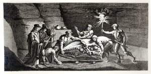 Esihistoriallisen eläimen luiden löytäminen, kuvitus Histoire naturelle de la Montagne Saint-Pierre de Maastrichtista, Barthelemy Faujas de Saint Fond (1743-1819) 1799 tekijältä French School