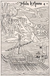 Santo Domingon löytö, Insula Hyspana, Christopher Columbus, Epistola Christoferi Colomin puukaiverruksen faksimile, Paul Lacroix -pubin Science and Literature in the Middle Ages. Lontoo 1878 tekijältä French School