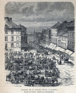 Disouverte du Canada: marssi yläkaupungista (Upper City tai Upper City) Quebeciin. Taylorin piirustus valokuvasta. Kaiverrus 1800-luvun lopusta Eugene Gueninin teokseen "La nouvelle France". tekijältä French School