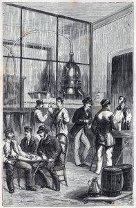 Tislausliike Pariisissa 1800-luvulla - Kaiverrus tekstiin "Kaikkien saatavilla olevat tieteet - fysiikka ja kemia", kirjoittaja Alexis Clerc - 1800-luvun loppu - Yksityinen kokoelma tekijältä French School