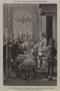 Vapaamuurarien aiheuttama historian vääristely: teeskentelijä Charles Edward Stuartin oletettu perustaminen ruusuristiläisten osastolle Arrasissa vuonna 1747 (kaiverrus) tekijältä French School