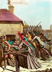 Kuninkaanleivän jakelu Louvressa vuonna 1709 suuren talven jälkeen, joka aiheutti viljan hinnan nousun ja suuret nälänhädät. Kaiverrus 1700-luvun lopulta. Yksityinen kokoelma tekijältä French School