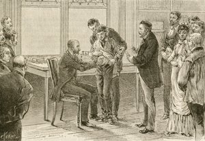 Tohtori Pasteur tutkii raivotautitartunnan saanutta poikaa. 1800-luku (kaiverrus) tekijältä French School