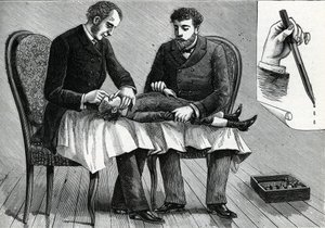 Lääkärit tutkivat lapsen silmiä ja pistävät silmätippoja (kaiverrus) 1888 tekijältä French School