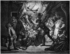 Don Quijote taistelee nukkeja vastaan, joita hän pitää maureina. V. Beaucen kaiverrus Charles Antoine Coypelin (1694 - 1752) maalauksen mukaan, joka havainnollistaa Cervantesin (1547-1616) romaania. "" Le Magasin viehättävässä"" tekijältä French School