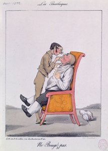 "Älä liiku!", karikatyyri miehestä hammaslääkärissä (värilitho) tekijältä French School