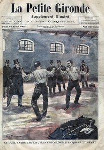 Dreyfusin tapaus: everstiluutnantti Georges Picquartin (1854-1914) ja Hubert Henryn (1846-1898) kaksintaistelu sotakoulussa Pariisissa. Kansi "La petite Gironde" maaliskuulta 1898 (kaiverrus) tekijältä French School