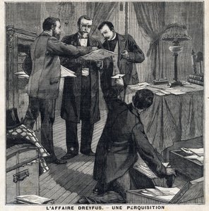 Dreyfus-tapaus: Kolme tavallista pukeutunutta upseeria ja poliisikomissaari suorittavat etsintä Georges Picquartin (1854-1914) kotona. "" Le Peute Parisien" -julkaisussa 12.5.1897. Yksityinen kokoelma tekijältä French School
