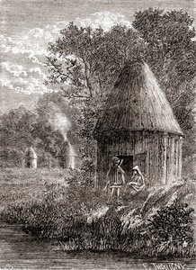 Varhaiset gallialaiset talot, pyöreä mökki, jonka katossa on reikä, jotta savu pääsee poistumasta, teoksesta "Les Merveilles de la Science", julkaistu n. 1870 (kaiverrus) tekijältä French School